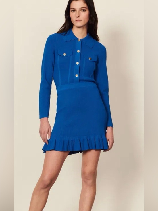 Sandro Dresses & Skirts - SANDRO 4 Blue Longoria Ruffle Hem Short Skirt Stretch Bodycon $235 NEW designer